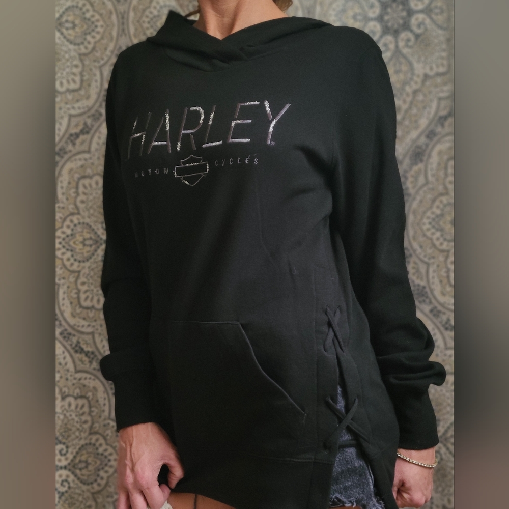 Size M Women's Harley-Davidson Black Fleece Pullover Hoodie w/Side Lacing